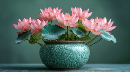 Poster -  a vase filled with pink flowers sitting on top of a blue counter top next to a green vase filled with waterlily green leaves and a yellow centerpiece.