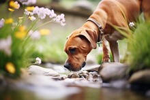 Dog Sniffing Around A Brook Surrounded By Spring Flowers