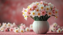  A Vase Filled With White And Pink Flowers On Top Of A Pink Table Covered In Tiny White And Yellow Flowers On Top Of A Pink Tablecloth Covered With Tiny White And Yellow Flowers.