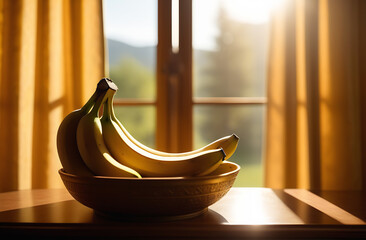 Wall Mural - Bunch of bananas in a bowl against the background of a window.