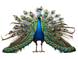 Wall Mural - proud peacock displaying its plumage, isolated on a transparent or white background