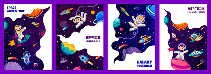 Wall Mural - space landing pages, kid astronauts with ufo and aliens, starry galaxy or space planets, vector webs