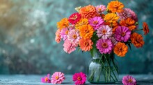 A Vase Filled With Lots Of Colorful Flowers On Top Of A Table Next To Another Vase Filled With Pink, Orange, And Yellow Flowers On Top Of A Blue Background.