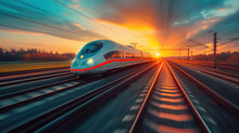  A High Speed Train On A Train Track With The Sun Setting In The Distance In The Middle Of The Picture, As Seen From The Front Of A Speeding Train.
