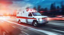 Quick Response Medical Ambulance Vehicle Or Truck Speeding On The Way For Accident Or Health Care Emergency