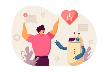 Wall Mural - ai robot helping lonely person vector illustration. heart, messages on background. loneliness, commu