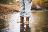 Fototapeta  - feet in waders standing in a flowing stream