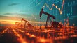 Oil platform on economic data background, Rise in gasoline prices concept with double exposure of digital screen, World Oil Industry. Generative AI.
