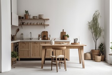 Canvas Print - A retro kitchen layout features a modest table against a white wall, minimal chairs, a notebook, and herbs and veggies. Kitchen design with a minimalistic feel in the countryside. Natural weather