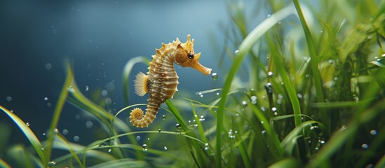 Wall Mural - A small, attractive seahorse glides in the blue water amidst the green grass.
