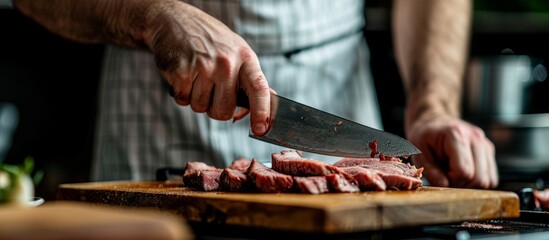 Sticker - A man uses a knife to slice meat on a kitchen board.