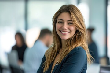 Female Employee Smiling in the Office, With Her Colleagues in Background. Shallow Focus 