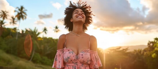 Canvas Print - A woman in a pink boho dress expresses gratitude for the lovely weather and her life.