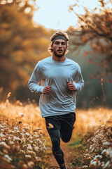 Wall Mural - A young sporty man running in nature at morning. Generative AI.