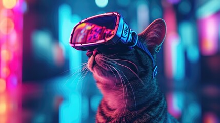 Cat wearing Virtual reality headset. VR, metaverse worlds, modern technologies, gadget for online games