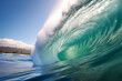 Powerful surfing tube wave breaking on the shore in Hawaii, ocean abstract