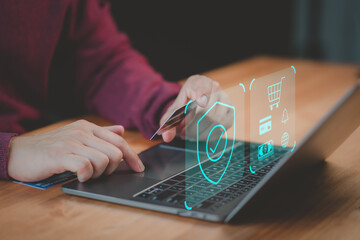 Poster - Customer purchase product online and pay for product via credit card with sign of security protection system on virtual screen. Standard, warranty, Cyber security. Shopping on online application.