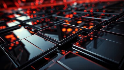  Abstract grid of black and red squares against a dark, glowing background, creating a surreal ambiance.