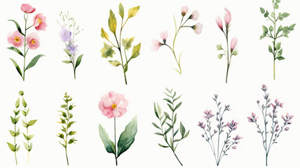 Wall Mural - An isolated watercolor floral collection set against a stark white background