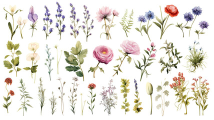Wall Mural - An isolated watercolor floral collection set against a stark white background