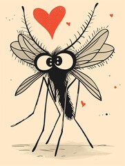 Hand-drawing illustration of a black fly or mosquito crazy in love with lovely imploring big eyes and cute expression, red heart shapes, on white background, a bug admirer that wants to cuddle you