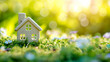 Ökologisches Wohnen mit einem grünen Haus aus Gras getragen von einer auf einer Handfläche stehend mit unscharfem Hintergrund Generative AI