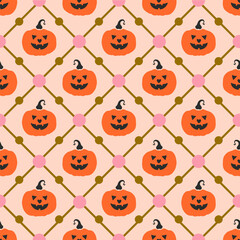 Wall Mural - Jack O Lanterns in Checkered Vector Seamless Halloween Pattern