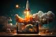 Image capturing the momentum of a B2B marketplace taking off. The image features a stylized rocket ship soaring through the sky.