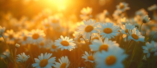 the field of daisies at sunset