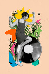 Wall Mural - Vertical poster collage banner image dancing excited young girl celebrate festive event dance party clubbing have fun tropical background