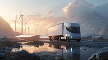White Modern Truck Drives Along A Mountain Road Against The Background Of Electric Mills. Generative AI
