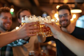 Sticker - group of men toasting with beer glasses in a bar