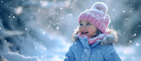 Sticker - A little girl, dressed in blue and pink, playing happily in the snowy woods.