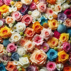  Mixed multi colored roses in floral decor, Colorful wedding flowers background
