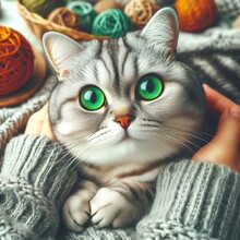 Green-eyed Cat. Funny Big Gray Striped Cute Cat With Beautiful Green Eyes. Pets And Lifestyle Concept