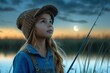 A young woman stands proudly by the water, wearing a fashionable hat and holding a fishing pole, basking in the warm sun and surrounded by the beauty of nature