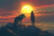 As the sun sets over the mountain, a person stands in awe, gazing at the majestic wolf perched on the hill, surrounded by the vast expanse of the sky and the peacefulness of nature