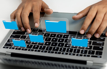 Fototapete - Document management system concept (DMS), Businessman working laptop virtual screen icons folder and document management system, Software for archiving, Searching and managing files corporate document