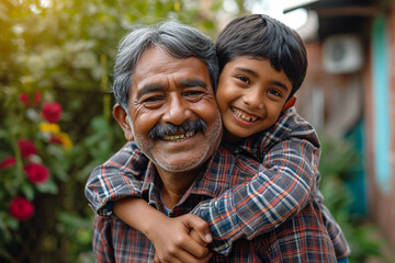 indian father giving piggyback to his son bokeh style background