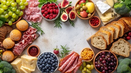  Top view a bordered background with a continental breakfast with variety of fruits, berries, cheese, cold cuts and bread with space for text in the center