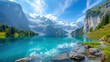 Colorful summer morning on the unique Oeschinensee Lake. The splendid outdoor scene in the Swiss Alps with Bluemlisalp mountain