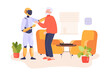 AI robot helping senior man vector illustration. Robot and man in living room with armchairs and table with chess. Loneliness, communication, artificial intelligence, old people concept 