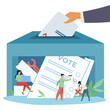 Hand putting voter list in voting ballot box vector illustration. Tiny people in box making corrections of voter lists. Voting irregularities and falsifications, dishonest elections concept