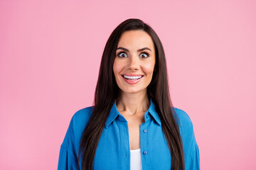 Poster - Photo of ecstatic nice girl with straight hairdo dressed blue shirt staring at unbelievable discount isolated on pink color background