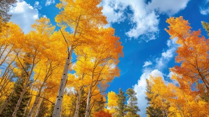 Tree leaves changing color in the Fall in the Rocky Mountains of Colorado. The sky is blue with a few clouds. There are lots of Aspen Trees with yellow and orange leaves