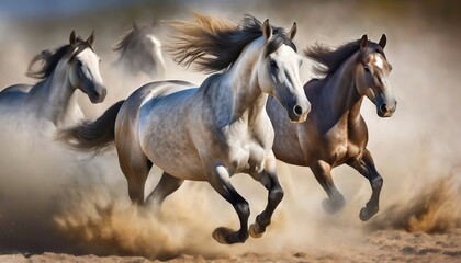 Naklejka na meble White and grey horses in motion, their manes flowing. Three horses, with white and dappled coats, appear to be racing amidst a dusty haze