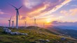 wide view of wind turbines at sunset on shady mountains, stock photo