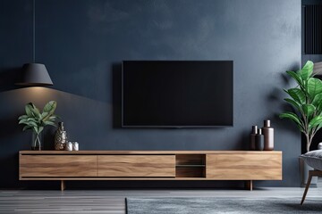 Sticker - TV cabinet with sparse decorating on a background of a dark blue wall