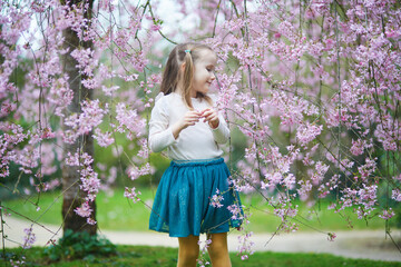 Wall Mural - Adorable preschooler girl enjoying nice spring day in park during cherry blossom season