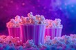 Two striped popcorn containers amidst vibrant neon lights and smoke